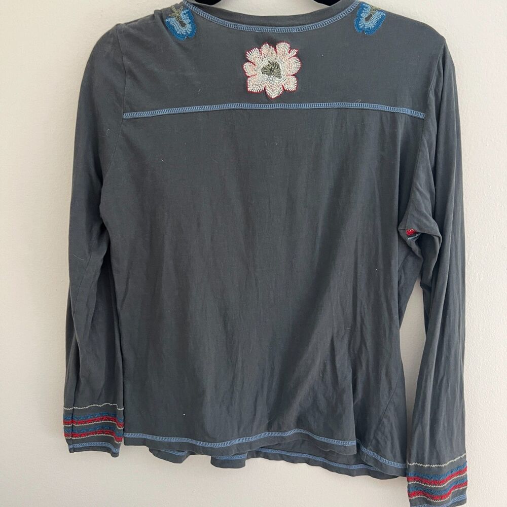 Sundance Boho Long Sleeve Scoop Neck Embroidered Shirt Gray M - Picture 2 of 4